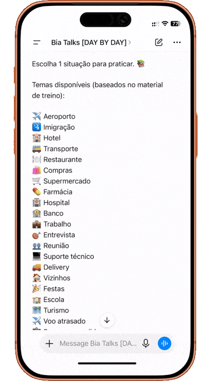Demonstração animada da Bia Talks em uma conversa real
